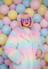 Obraz premium Fashionable Model in Colorful Fur Coat Posing Against Pastel Balloon Background