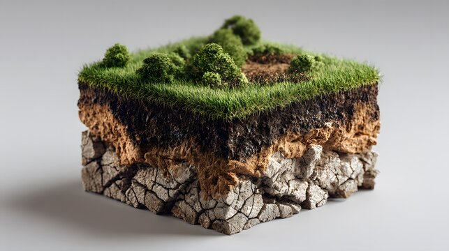 Cross-section of a square block of soil with lush green grass growing on top and dried cracked earth sides isolated on a clean white background.