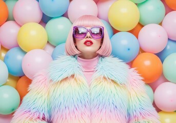 Obraz premium Fashionable woman in pastel colors with pink hair and sunglasses in balloon background