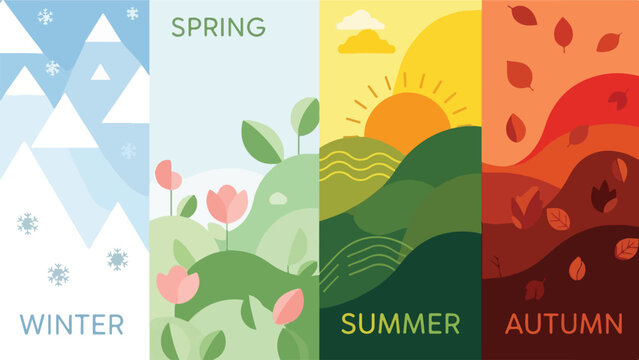 A vibrant, four-paneled depiction of the four seasons in a minimalist design
