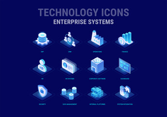 Fototapeta premium Technology icons set for Enterprise Systems workflow diagram - ERP, CRM, HR, Operations, Data Management, Internal Platforms, Finance, Security Dashboard - high quality isometric vector
