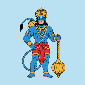 A vibrant illustration depicts a blue deity with golden adornments holding a mace