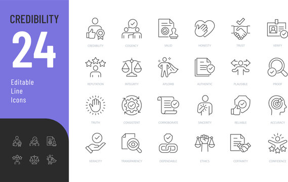 Credibility Line Editable Icons set. Vector illustration in modern thin style of business related icons: trust, honesty, integrity, and more. Isolated on transparent background.