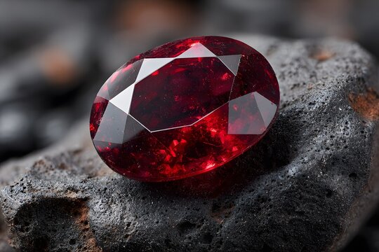 Faceted oval red ruby gemstone resting on a rough dark grey volcanic rock with high contrast lighting highlighting the internal fire and color.