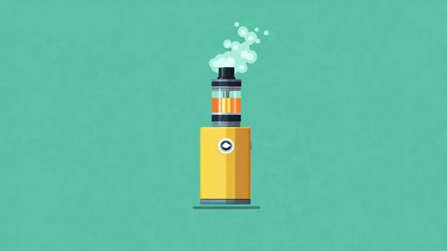 Flat design illustration of a yellow vape pen emitting vapor on a solid teal background, depicting a modern electronic cigarette device.