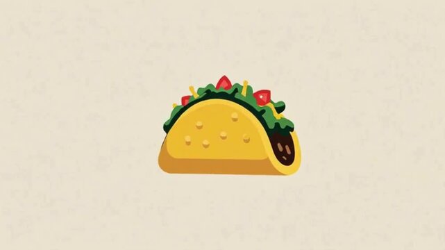 A cartoon illustration of a delicious taco filled with meat, lettuce, cheese, and tomatoes on a light background.