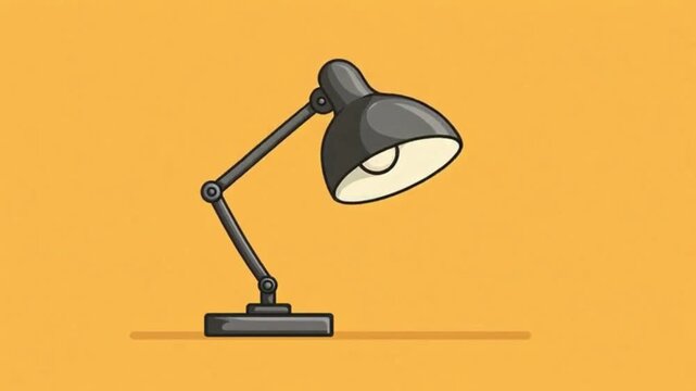 A modern black desk lamp with an adjustable arm and a light bulb emitting a warm glow, set against a solid orange background.