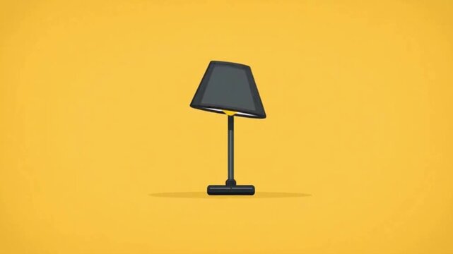 A minimalist 3D illustration of a black desk lamp with a rectangular shade on a bright yellow background.