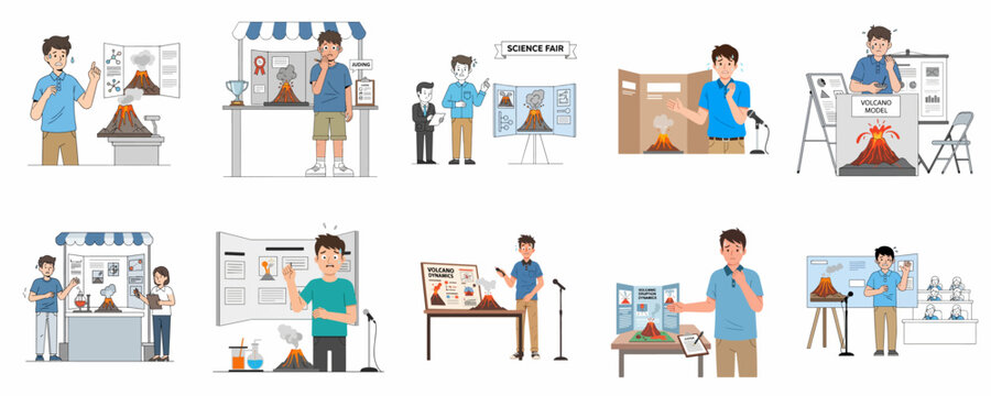 Stressed student presenting volcano science fair project to judges, dealing with performance anxiety and academic competition pressure illustrated set.