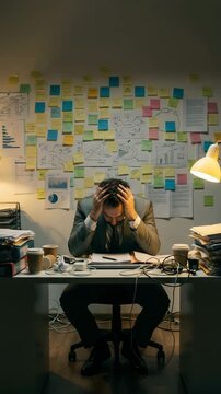 Stressed businessman struggles with paperwork in messy office. Vertical workspace filled with documents and notes showcases tension and pressure. Late night work atmosphere emerges.