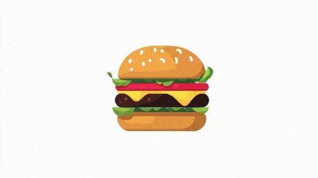 A vibrant, flat-design illustration of a classic hamburger with sesame bun, cheese, lettuce, and tomato on a clean white background.