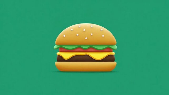 A stylized, cartoonish illustration of a classic cheeseburger with lettuce, tomato, and melted cheese, set against a plain green background.
