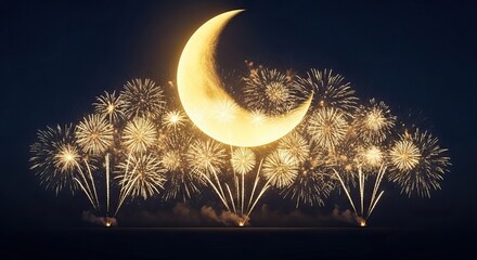 Yellow crescent moon with gold fireworks exploding in dark night sky ramadan kareem islamic eid mubarak background download 2026 2027