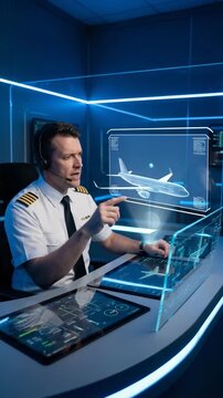 Pilot controls advanced flight simulator in vertical training environment. Realistic holographic displays enhance learning experience. Future aviation technology shapes modern education.