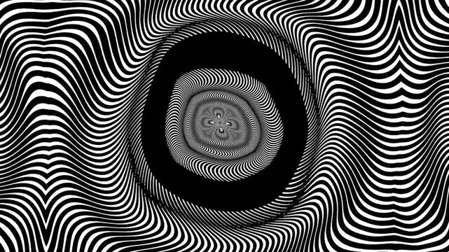 Kaleidoscopic abstract background of black and white op-art turbulent liens waves. Seamless hypnotic trippy psychedelic animation a geometric backdrop