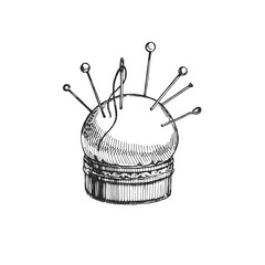 Vintage pincushion vector sketch. Hand-drawn sewing needle holder for craft design