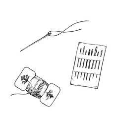 Vintage sewing needles set. Hand-drawn thread floss bobbins and embroidery pack. Retro craft supplies in ink style.