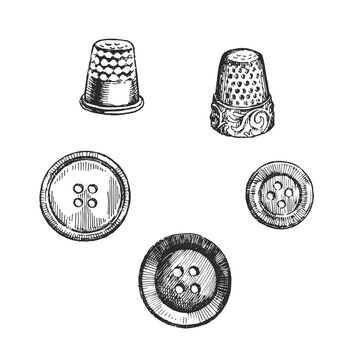 Vintage sewing buttons and thimbles vector. Hand-drawn tailor metal protection tool and plastic fasteners. Retro craft supplies in ink style.