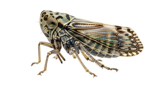 Close-up of a gray and black patterned leafhopper insect with iridescent wings, isolated on white