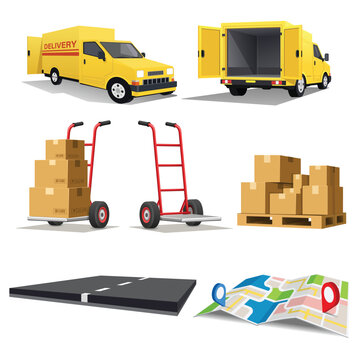 Delivery and logistics asset set with cargo van, hand truck, cardboard boxes, pallet, road and map, ecommerce shipping and transportation concept, 3D illustration