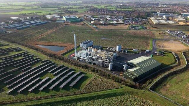 Cinematic Drone Shot of Boston Energy Production Facility at Riverside Industrial Estate, Sustainable Biomass Power Generation in England. 