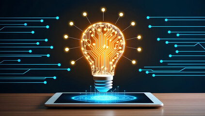 Neon Innovation: Futuristic Lightbulb Rising from a Smartphone on a Circuit-Infused Surface