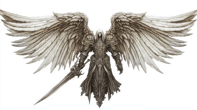 Heavenly sentinel with six massive wings unfurled dramatically, holding ornate sword with jeweled hilt, intricate Gustave Dor&Atilde;&copy; inspired engraving style with minute detail in every feather and fold of