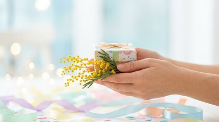 Handing over a special gift bright indoor setting lifestyle image soft focus background personal connection celebrating moments of joy