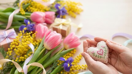 Heartfelt gesture of love with colorful flowers and gifts intimate home setting floral arrangement natural light emotive concept for celebrating special occasions