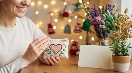 Artisan handmade cosmetic pouch display cozy home setting lifestyle photography warm atmosphere close-up view craftsmanship and personal touch