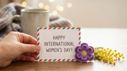 Celebrating international women&rsquo;s day with joyful messages in a cozy indoor setting a beautiful greeting card and flowers personal touch inspiring empowerment