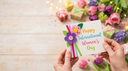Celebrating international women's day with a colorful card and flowers home setting greeting card spring vibes close-up view empowerment and appreciation for women