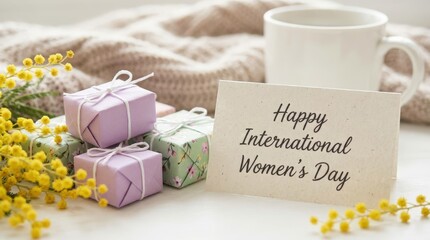 Celebrating international women's day with thoughtful gifts and flowers cozy home setting greeting card warm atmosphere positive vibes