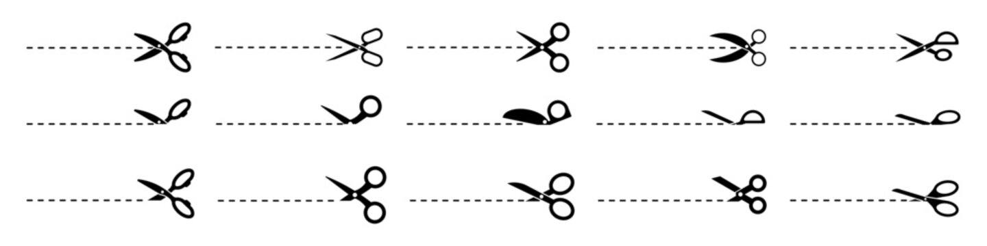 Scissors cutting line icons collection in black. Various open and closed scissor positions with dashed cutting paths