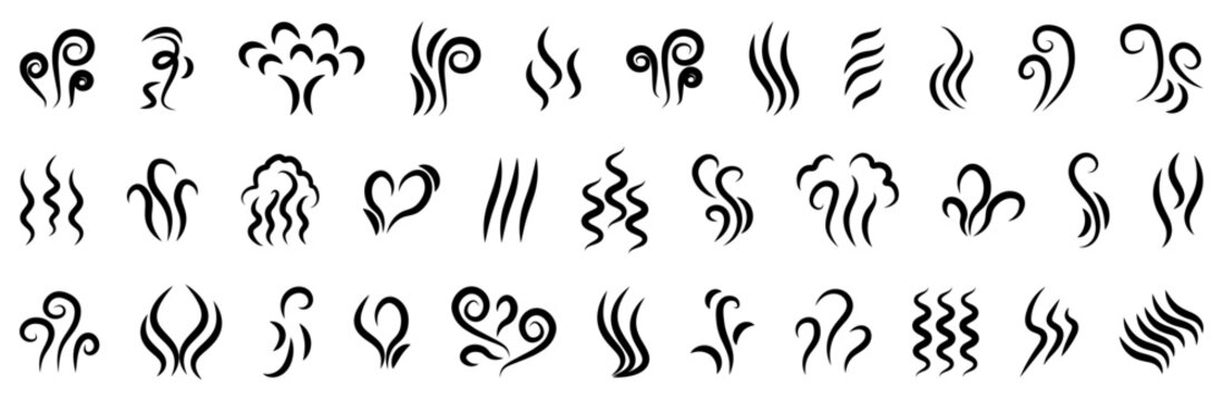 Fire flame or steam decorative elements collection in black. Stylized flame and smoke shapes for heat