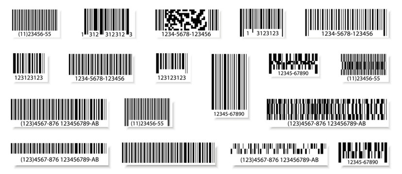 Barcode labels and codes collection in black. Various retail and product scanning barcodes