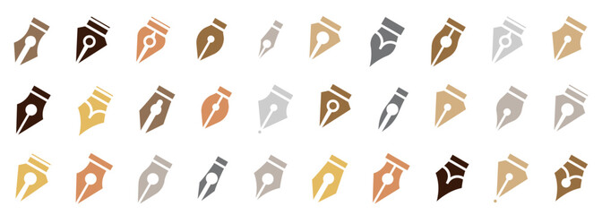 Fototapeta premium Fountain pen nib icons collection in warm colors. Calligraphy and writing tool symbols in flat style