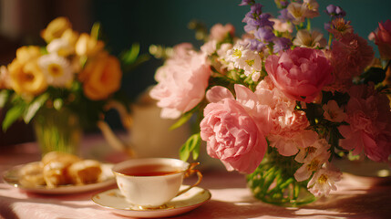 Spring Tea with Peonies Bouquet in Warm Sunlight &ndash; Elegant Floral Still Life