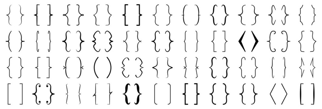 Curly brackets symbols collection in black. Decorative braces in various styles and shapes