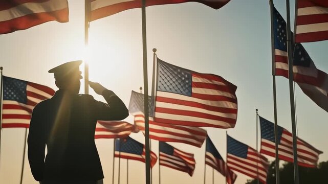Soldier Salutes American Flags - A Patriotic Memorial Day Tribute.