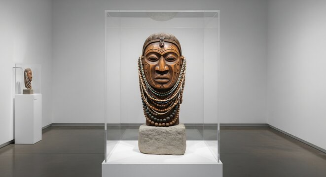 Carved wooden face mask with beaded necklaces in clear display case stone base museum setting