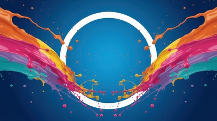 Naklejka premium Dynamic multi-colored liquid paint splashes with white circular frame on blue background