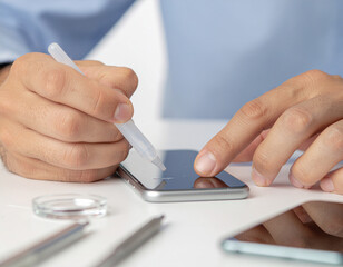 Fototapeta premium Hands using smartphone and credit card.