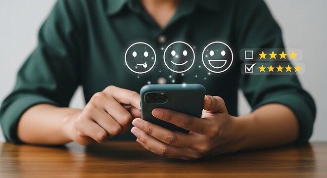 Person using smartphone to select happy face emoji and five star rating mobile phone hands