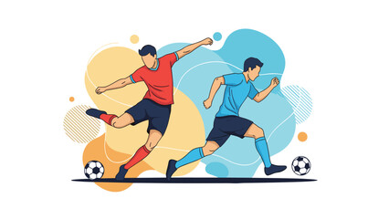 Obraz premium Stylized illustration of two soccer players competing for the ball with abstract colorful shapes in the background.