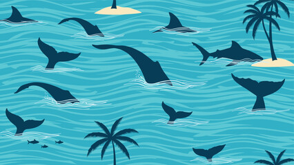 Naklejka premium Seamless oceanic pattern showing dark silhouettes of whale and shark tails and fins splashing in turquoise wavy water.