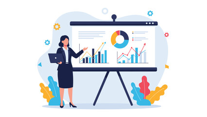 Professional businesswoman using a laptop to present complex data charts and financial graphs on a large whiteboard.