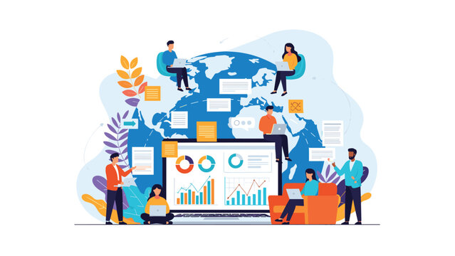 Diverse team of professionals working around a large laptop and a globe to collaborate on a global business project.
