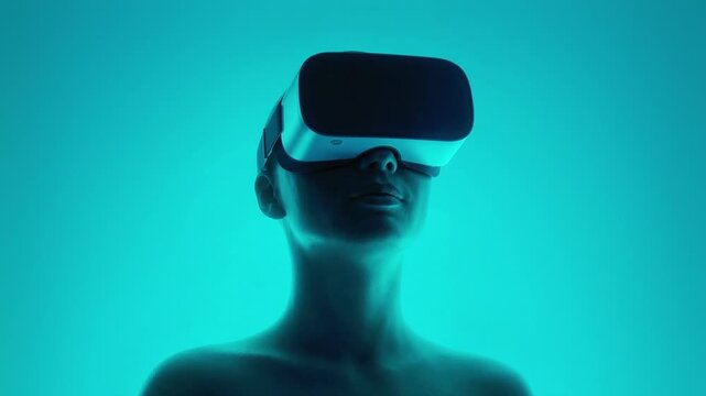 Person wearing virtual reality headset turning head while immersed in digital simulation on blue background