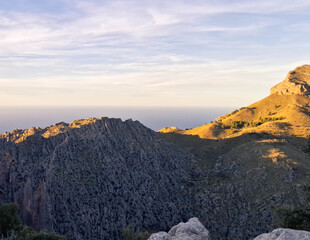 Overhelming view from top of Serra de Traumuntana mountains on Mollorca. Golden Hour.